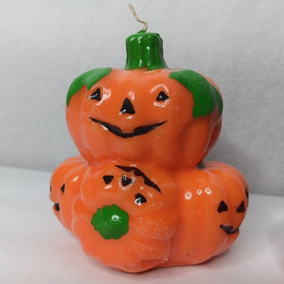 Vintage 1980s Halloween Wax Candles 2 Kitschy Pumpkins Black Cat Bat Decor - Picture 12 of 16